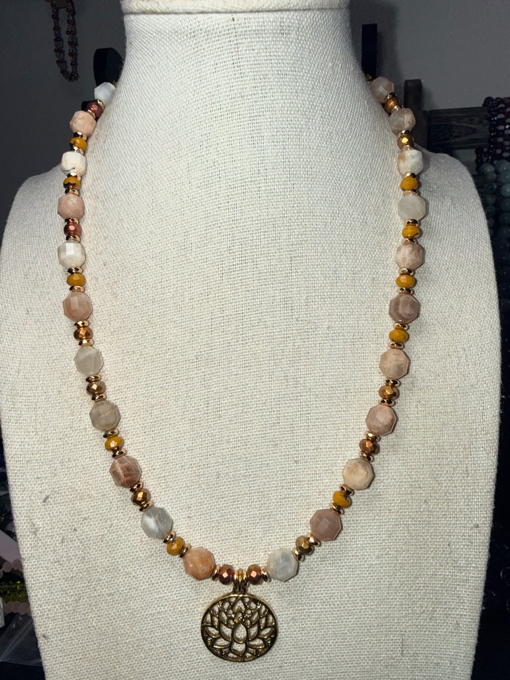 18” Chocolate Moonstone & Lotus Necklace